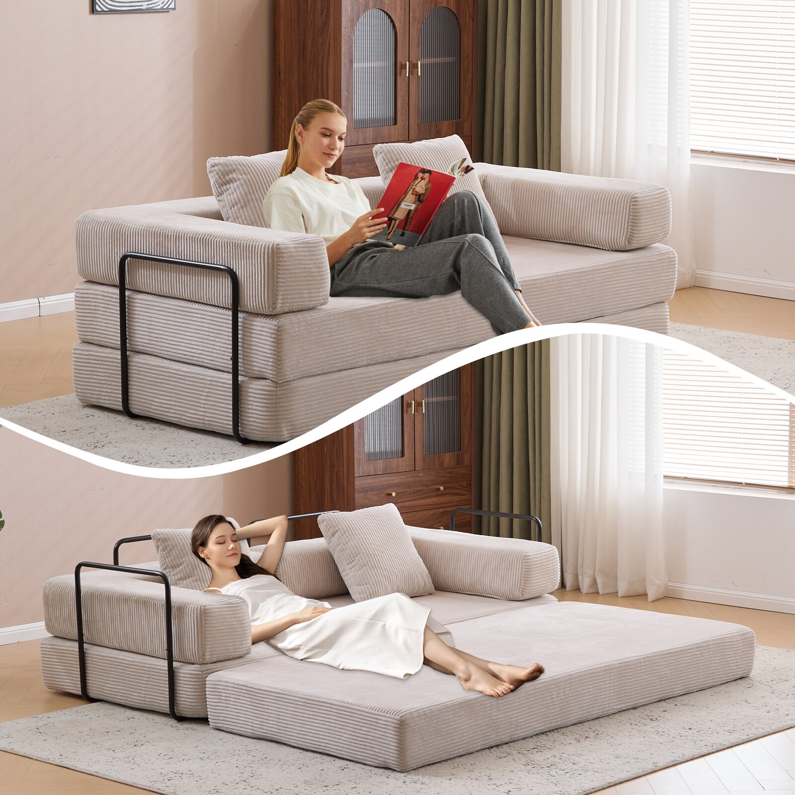 Convertible Floor Sofa Bed With Pillow And Backrest Light Grey_voghion.com
